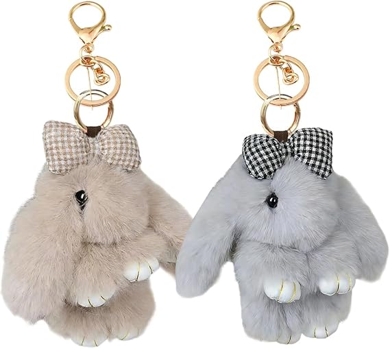 Fluffy Bunny Keychain,Bunny Keyring,2pcs Plush Keychain,Cute Rabbit Keyring Suitable for Backpacks,Handbags,Gift for Women & Bunny Lovers