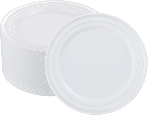 50 PCS Silver and White Plastic Plates for 50 Guests,10.25inch Silver Rimmed White Disposable Plastic Plates for Wedding,Party,Birthday,Smooth Edge & Heavy Duty Dinner Plate