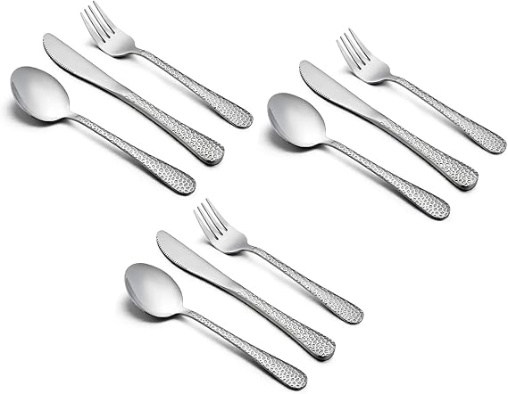 HaWare Stainless Steel Toddler Kids Silverware Flatware Set, 9-Piece | Hammered Design, Preschooler Eating Utensils, Adult Diet Tableware, Baby Fork Spoon and Knives Set, Dishwasher Safe