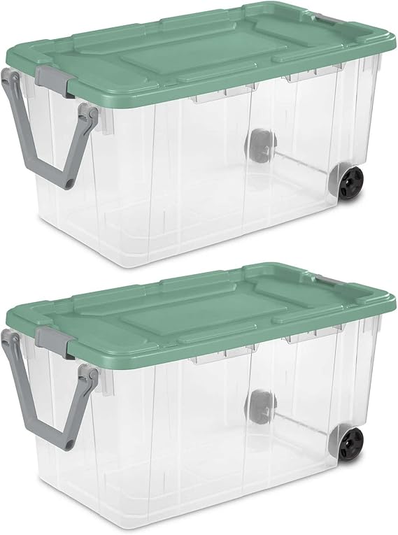 160 Quart Extra Large Wheeled Storage Boxes 2 Pack, Clear Plastic Bins with Latching Lids, Durable Rolling Containers for Garage & Home Organization