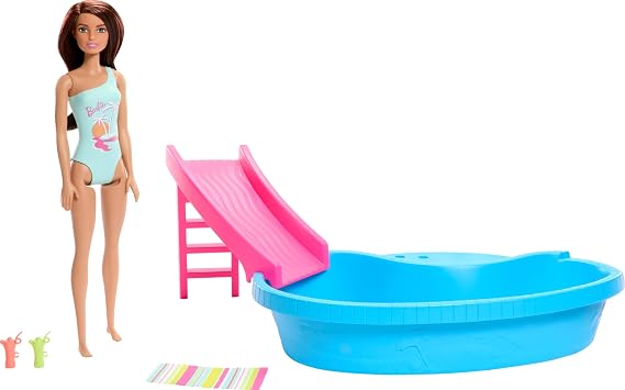 Barbie Dolls and Pool Playset Brown Sea Foam Swimming Costume with Swimming Pool, Slide, Towel and Drink Accessories