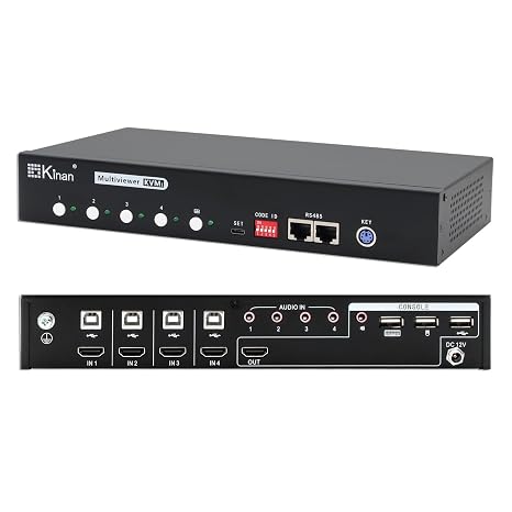 4-Port HDMI KVM Switch with Mouse Roaming and Multi-View, 4K 60Hz Zero-Latency Seamless Switching, USB 2.0 Port, Plug and Play, No Driver, Hotkey Control
