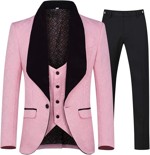 YFFUSHI Men's 3 Piece Suit Slim Fit Jacquard Tuxedo 1 Button Blazer