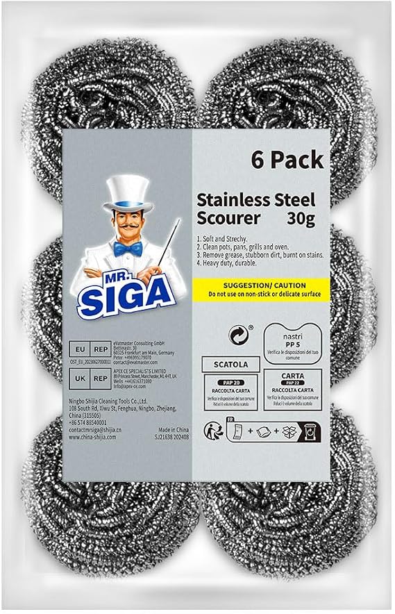 MR.SIGA Stainless Steel Scourer, Steel Wool Scrubbers, Pack of 6 | Scouring pads for cleaning tough baked-on messes, metal scrubbers for cleaning dishes pots, pans, grills and sinks