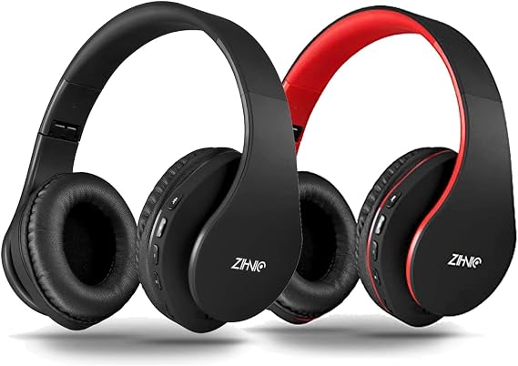 ZIHNIC 2 Items,1 Black Over-Ear Wireless Headset Bundle with 1 Black Red Foldable Wireless Headset