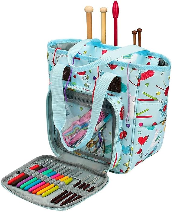 Coopay Craft Bag for Crochet Knitting Cross Stitch, Yarn Organizer Bag, Travel Storage Bag for Knitting Accessories and Crochet Projects, Embroidery Sewing Bags 9.8 * 10 * 5.5in, Oxford Cloth Blue