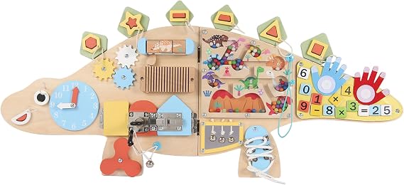 Dinosaur Wall Busy Board, 11-in-1 Foldable Montessori Board for Kids 3-7 | Wall mounted learning center for playrooms, classrooms and daycare with locks, laces, gears, clock, math and color pla