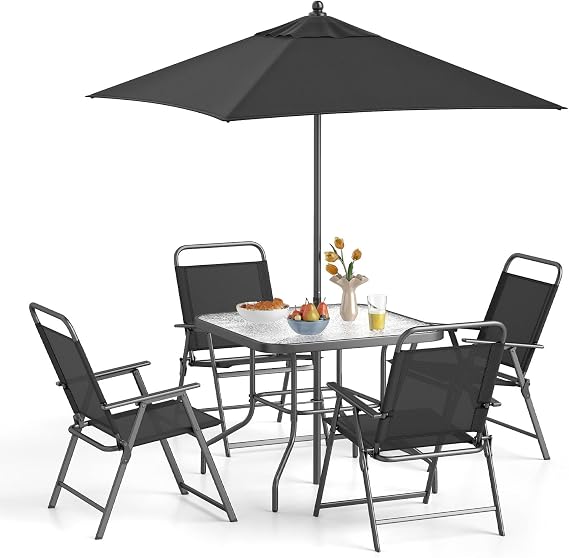 COSTWAY 5/6 Piece Folding Patio Bistro Set, Outdoor Dining Furniture with 4 Chairs, 1 Table and Umbrella Hole, Conversation Set for Garden Balcony Deck Poolside (Glass Table with Parasol)