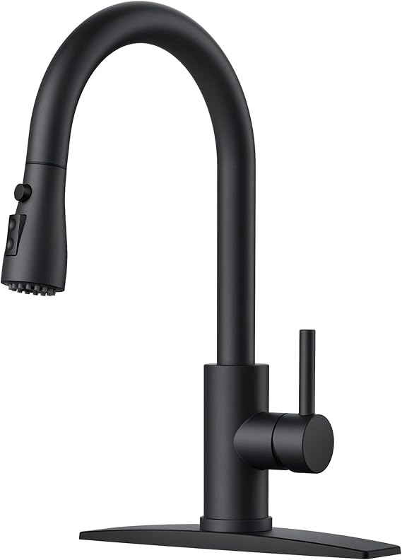 FORIOUS Kitchen Faucet with Pull Down Sprayer, Stainless Steel, Matte Black | 3-Mode Sprayer, Classic Bar Sink Faucet with Deck Plate, High Arc Single Handle, Suitable for Farmhouse Laundry Rv Camper