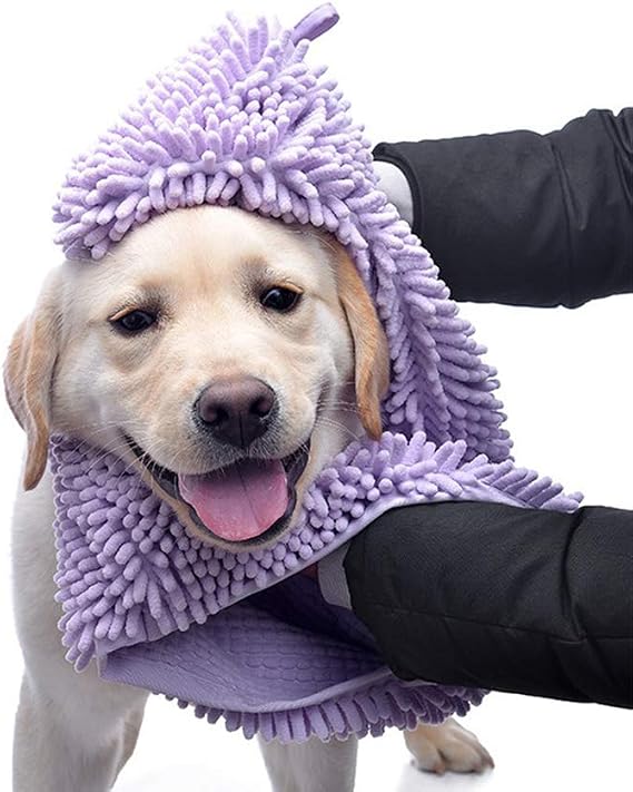 Petlex Dry Dog Towel, Cat Bath Towel, Super Absorbent Quick Dry Microfiber Chenille Shammy Towel with Hand Pockets, Best Pet Drying Towel for Dogs & Cats, 31.5 x 13.8 inch, Purple