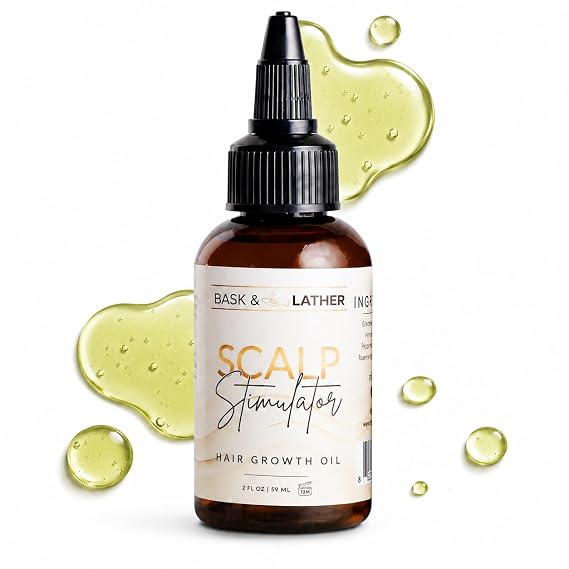 BASK & LATHER Scalp Stimulator Hair Growth Oil, Cold Pressed Mint and Rosemary Blend with Grapeseed for Hair Growth, Organic Natural Leave in, All Hair Types, 2 Fl Oz
