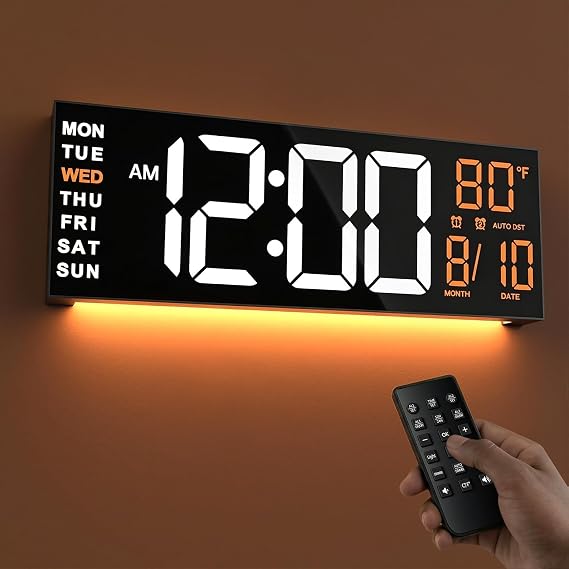 JALL 16" Large Digital Wall Clock with Remote, Back to School Classroom, Gift for Student Teacher, Big LED for Seniors, Auto Dimming, 8 RGB Colors, Night Light, Timer, Temperature for Living Room