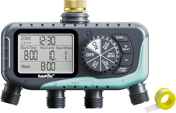 RAINPOINT Sprinkler Timer, 4 Outlets Hose Timer with Brass Inlet with Rain Delay/Manual/Automatic Controller System, Programmable Digital for Lawn Yard, 4 Zone (Sky Blue, 4 Outlets)