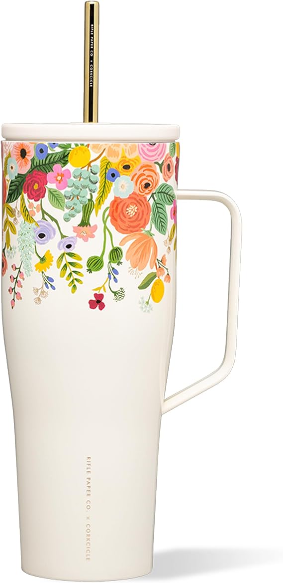 Corkcicle Cold Cup XL Handle Tumbler, Cold 12H, 30 oz, Garden Cream Floral