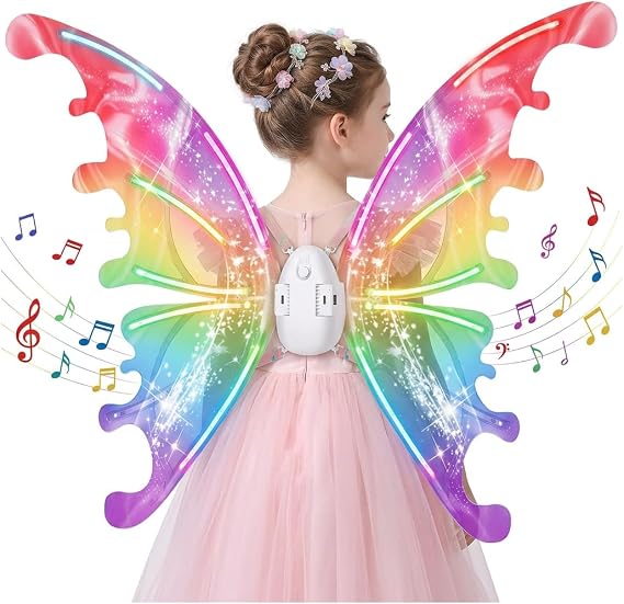 Electric Fairy Wings for Girls, Kids Butterfly Glowing Wings with LED Lights & Music, Cosplay Wing for Kid, Toy for Kids as Halloween Birthday Christmas Party Costume Princess Cosplay Dress Up Gift