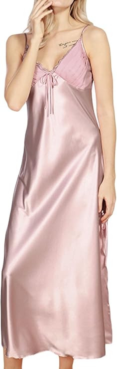 Asher Fashion レディース セクシーサテンロングナイトガウン レーススリップランジェリー シュミーズローブ Us サイズ: 14 カラー: ピンク