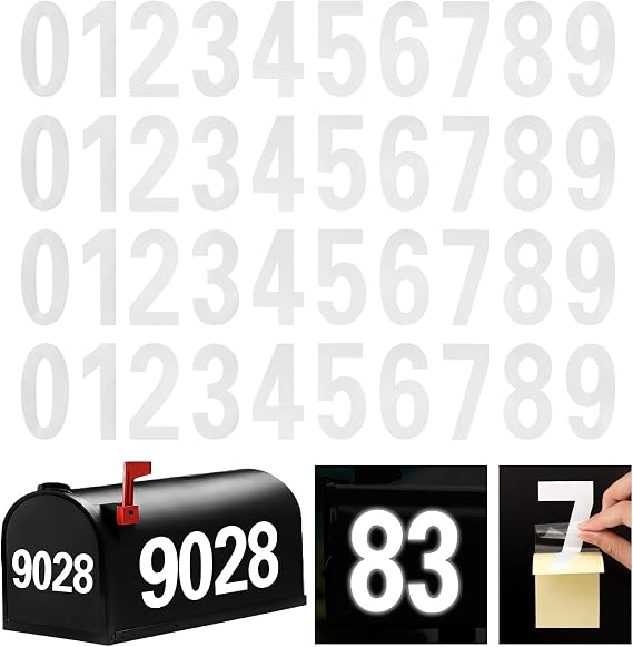 Reflective Mailbox Number for Outside, 3 Inch 4 Sets Vinyl Waterproof White Mailbox Numbers Stickers, Strong Self-adhesive House Adress Numbers for Mailbox Door Signs Trucks (Number 0-9)