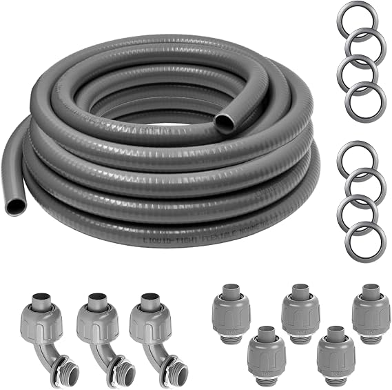 3/4 inch 25 Ft Liquid-Tight Conduit UL Certification - Flexible Non-Metallic Liquid Tight Electrical Flexible Conduit with 5 Straight and 3 90-Degree Connector Fittings