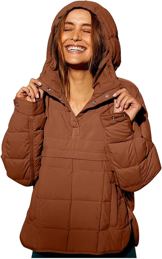 Womens Oversized Puffer Jacket Hooded Quilted Lightweight Button Down Pullover Fall Winter Warm Padded Coat