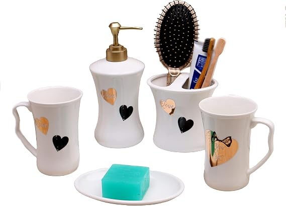Bathroom Accessory Set, 5 Pcs Modern Home Decor with Soap Dispenser, Toothbrush Holder, Bathroom Tumbler, Soap Dish,White,C