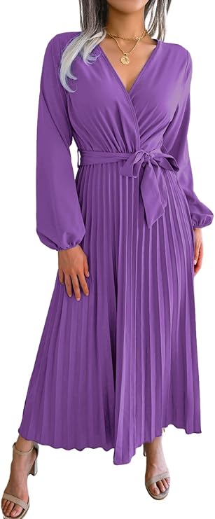 ebossy Womens Long Puff Sleeve Wrap V Neck Flowy Swing A-Line Pleated Maxi Dress with Belt
