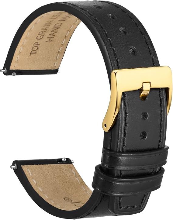 WOCCI 18mm Elite Watch Band, Top Grain Leather, Quick Release, Golden Buckle (Black)