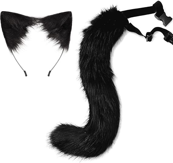 Cat Ears Headband Wolf Fox Tail Set for Women Black