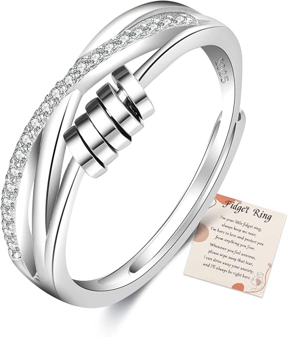 PABBEU 925 Sterling Silver Anxiety Ring for Women CZ Fidget Spinner Rings