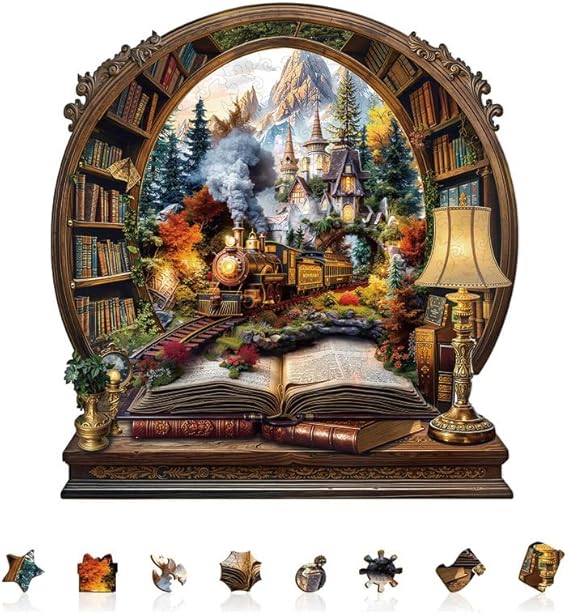 Jigfoxy Wooden Puzzles for Adults, The Train in The Book Jigsaw Puzzle