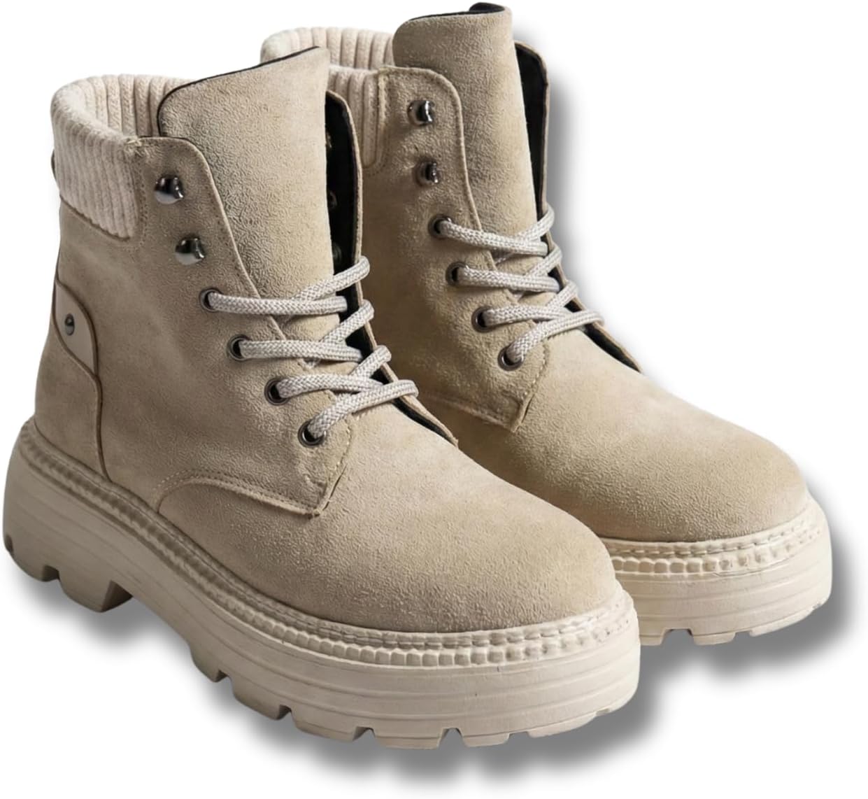 Süet Combat Kadın Bot, Krem Renk, Yüksek Taban, Bağcıklı, Günlük Giyim, Ayak Bileği Boyu, Spor Stil, TarzZN05