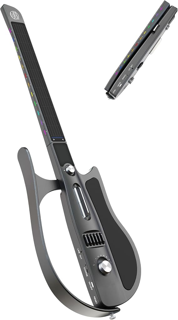 Smart Guitar with Silicone Strings, Stringless Travel Backing Guitarra | 6-String Real Guitar Layout,Portable and Foldable, App Interactive Chord Sheets, Built-in Drum Machine & Speakers, Black