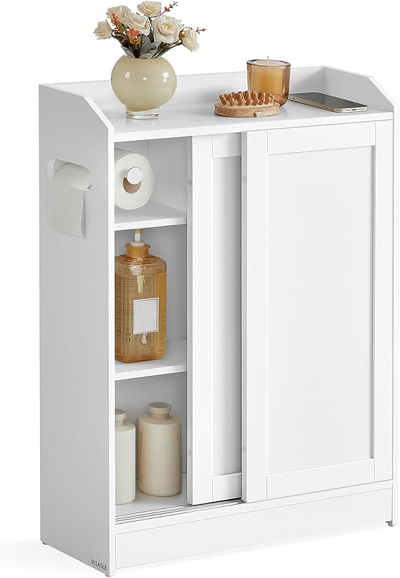 VASAGLE Slim Bathroom Storage Cabinet, Sliding Doors, Cloud White