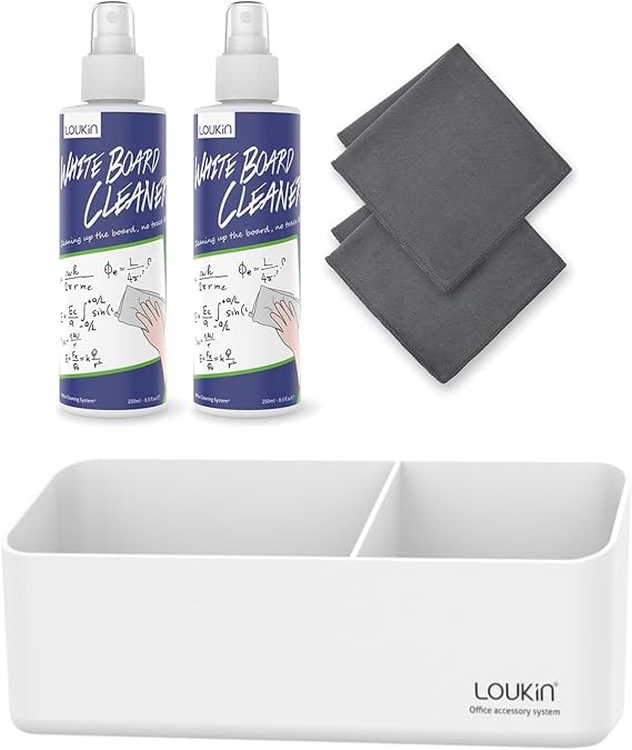 loukin | Non-toxic Whiteboard Cleaner Kit (8.5 fl oz) 2 Pack & Magnetic and Adhesive Marker Holder (White)