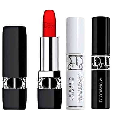 Dior Addict Lipstick 999 Matte full size, Diorshow 3D Lash Primer mini size, Diorshow Buildable Volume Mascara 090 Black mini size 3 piece gift set
