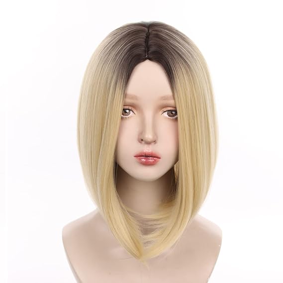 XiongXiongLe Short Wigs Women Hair Replacement Wig Mixed Color Golden Short Straight Bob Head Heat Resistant Fiber Synthetic Harajuku Style Headgear Hairs Wig for Daily Wear
