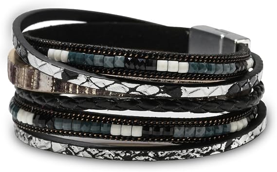 Fesciory Leather Wrap Bracelets for Women, Boho Leopard Multi-Layer Crystal Beads Cuff Bracelet Jewelry