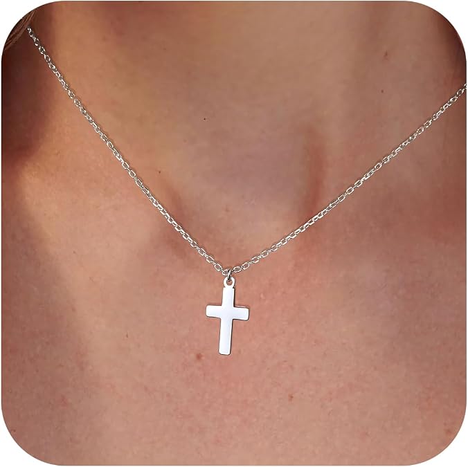 AllenCOCO Sterling Silver Cross Necklace for Women, 14K Gold or Silver Dainty Small Cross Pendant Choker Simple Trendy Cute Cross Charm Chain Easter Baptism Religious Faith Jewelry Gift
