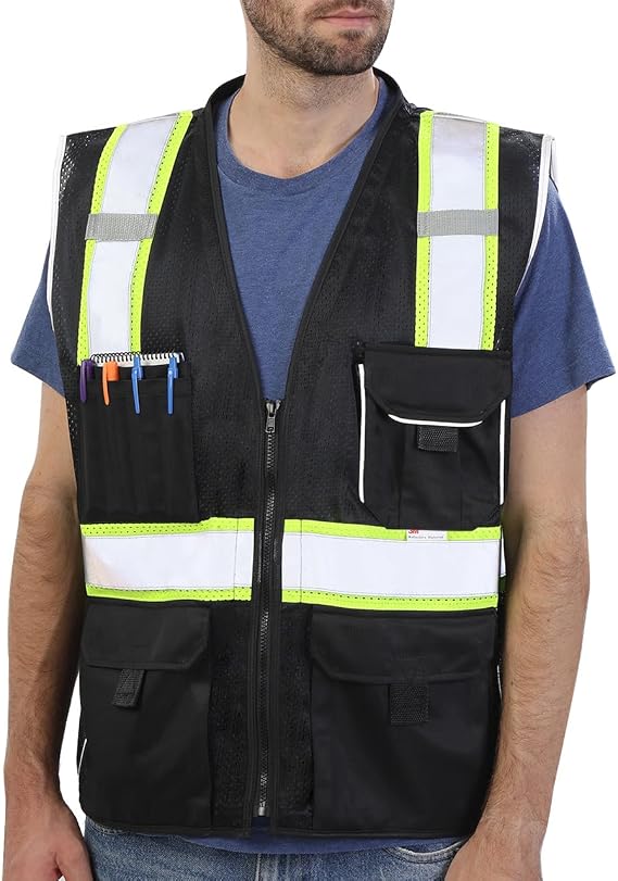 Dib Safety Heavy Duty Reflective Safety Vest with Pockets, Black Mesh S | Made with 3M Reflective Tape, High Visibility Surveyor Vest with Pockets and Zipper for Men Women