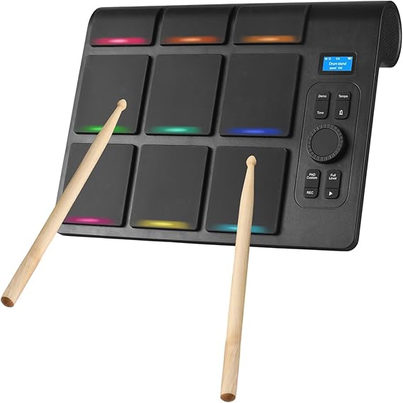 Electronic Drum Set 9 Pads MIDI Drum Pad with BT LCD Display | electronic drum pad with 9 pads, MIDI connection, BT audio, LCD display and adjustable sensitivity for music practice.