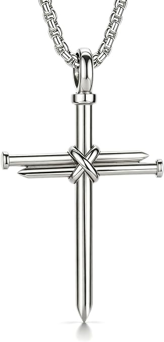 Men's Nail Cross Crucifix Necklace, Stainless Steel Nail Cross Pendant with 24 Inch Box Chain, Silver/Gold/Black Religious Christian Jewelry Gift for Baptism Father's Day Birthday