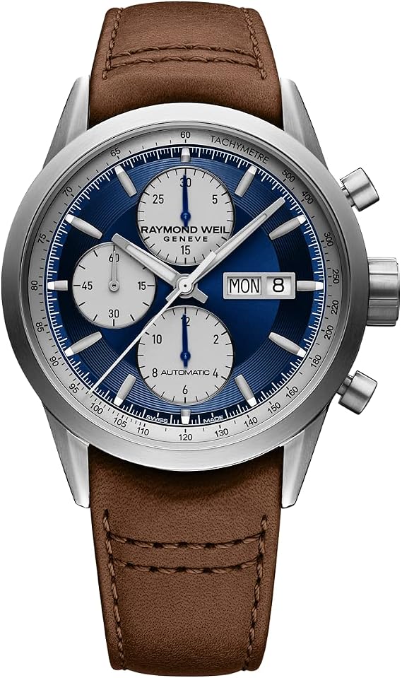 Raymond Weil Freelancer Men's Chronograph Watch, Blue Dial Brown Leather, 48 Hour Power Reserve, 42 mm (Model: 7732-TIC-50421)