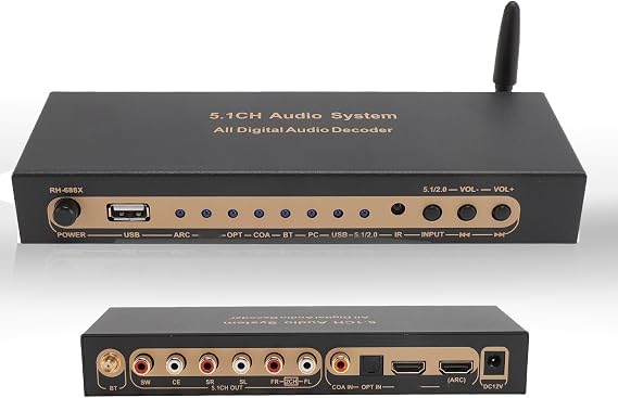 5.1 Channel Surround Sound Decoder, 192Khz 24Bit 4K ARC Optical Fiber Coaxial Analog Sound Decoder System Support for AC3, DTS, LPCM, HDCD, PCM (US Plug)