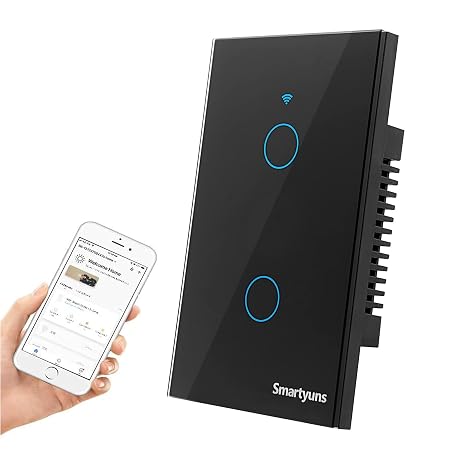 WiFi Smart Touch Light Switch - 2 Gang, US Standard, Tempered Glass Panel, Timer Function, Single Pole (Black)