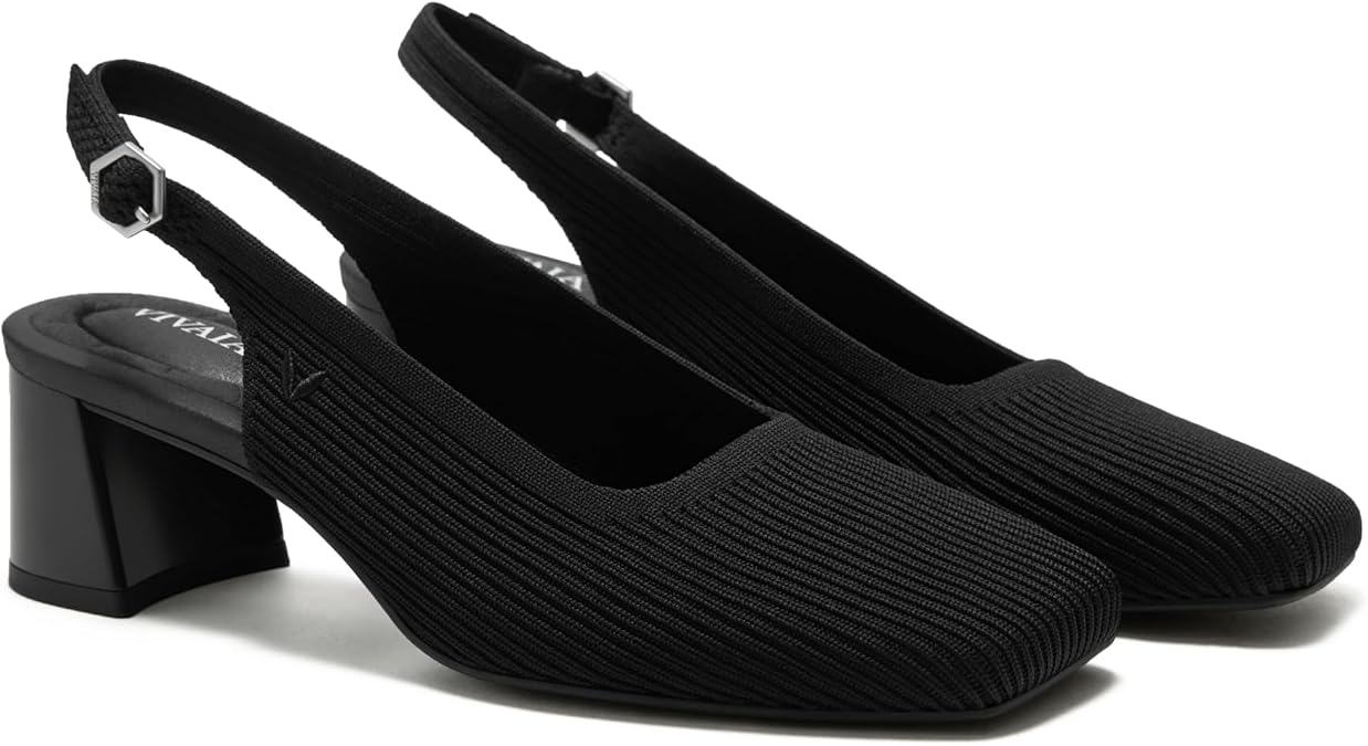 VIVAIA Mikko Women's Margot Slingback Heels, Square Toe, Knit Upper, Platform Block Heel, Arch Support