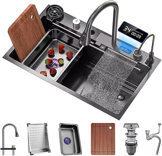 Stainless Steel Waterfall Sink with Display Screen Single-Bowl Kitchen Sink RV Sink with Cup Washer Waterfall Pull-Down Faucet and Complete Accessory Set (Color : Black, Size : 80x45x22cm)