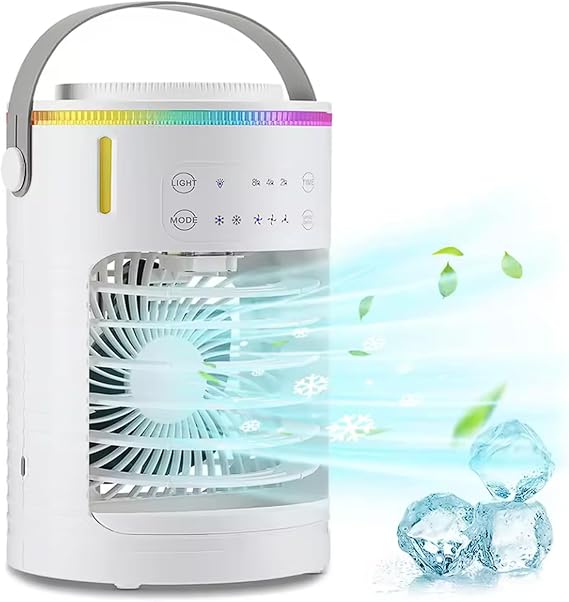 Mini Portable Air Conditioner Evaporative, 3-in-1 Air Cooler, Humidifier and Fan, 7 Colors Light, 600ml Tank, 3-speed Humidifier Air Conditioners