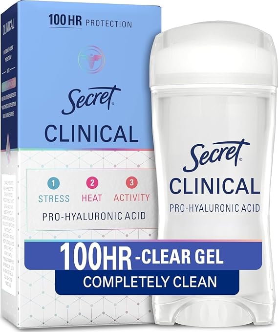Secret Clinical Strength 100HR Sweat & Odor, Clear Gel Antiperspirant Deodorant for Women, 3X Stress Protection with Hyaluronic Acid, PH Balancing Minerals, Completely Clean Scent, 2.6 oz