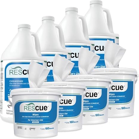REScue Bucket Wipes 4 Pack & Gallon Concentrate 4 Pack Disinfectant Cleaner for Vet Use, Designed to Clean Kennels, Litter Boxes & More