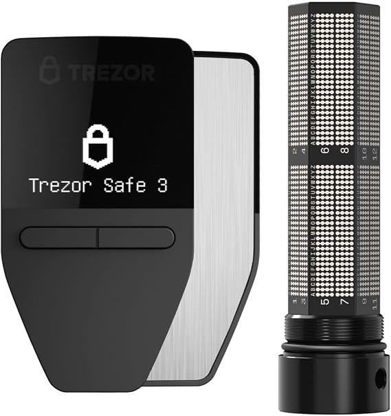 Trezor Safe 3 Hardware Wallet + Trezor Keep Metal Seed Phrase Backup Bundle Secure Crypto Storage & Recovery Kit