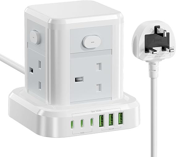 Cube Extension Lead with USB Slots, 4 Way Multi Plug Extension Socket with 3 USB C 3 USB A(13A/3250W) Tower Power Strip with 4 Independent Switches 1.5M Extension Cords for Desk Home Office Travel